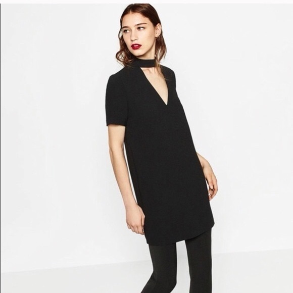 ZARA Dress Women Black Cap Sleeve High Neck Cut Out Zip Closure - Picture 1 of 3